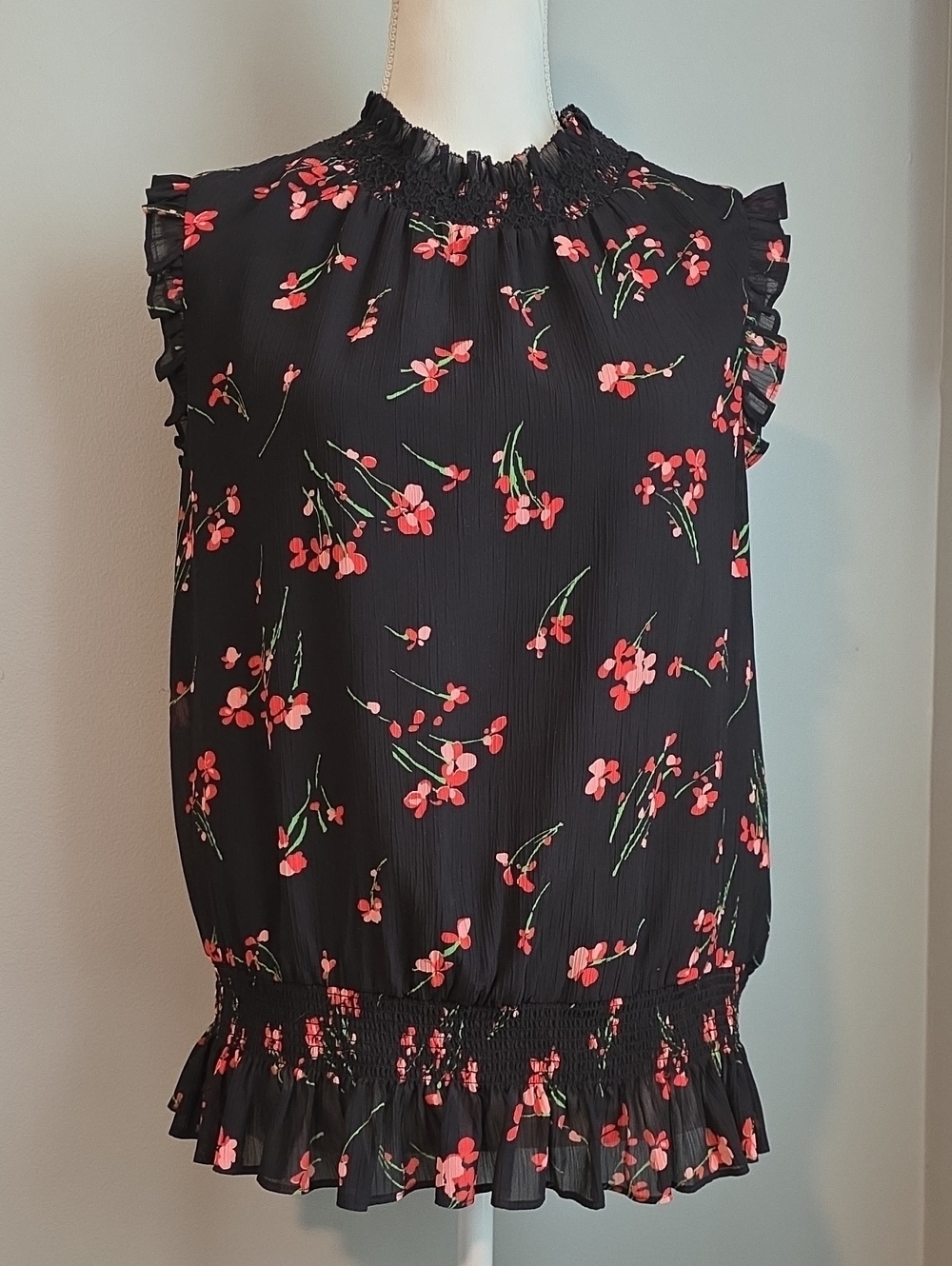 J. Crew Black Sleeveless Floral Smocked Top Size 10